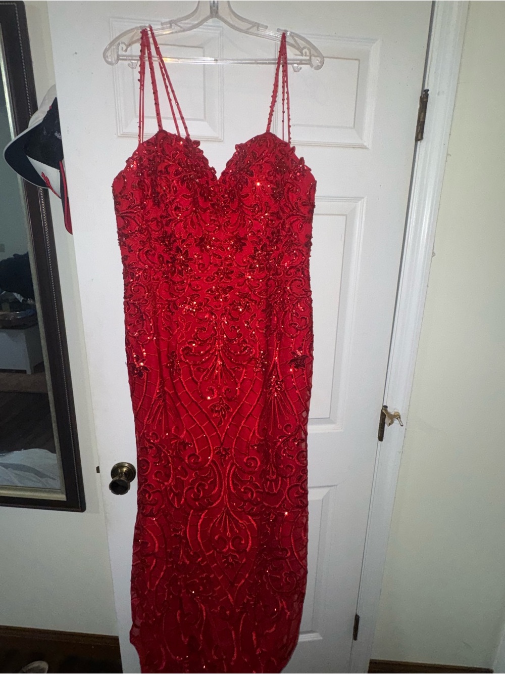 Red Beaded Spaghetti-Strap Prom Dress